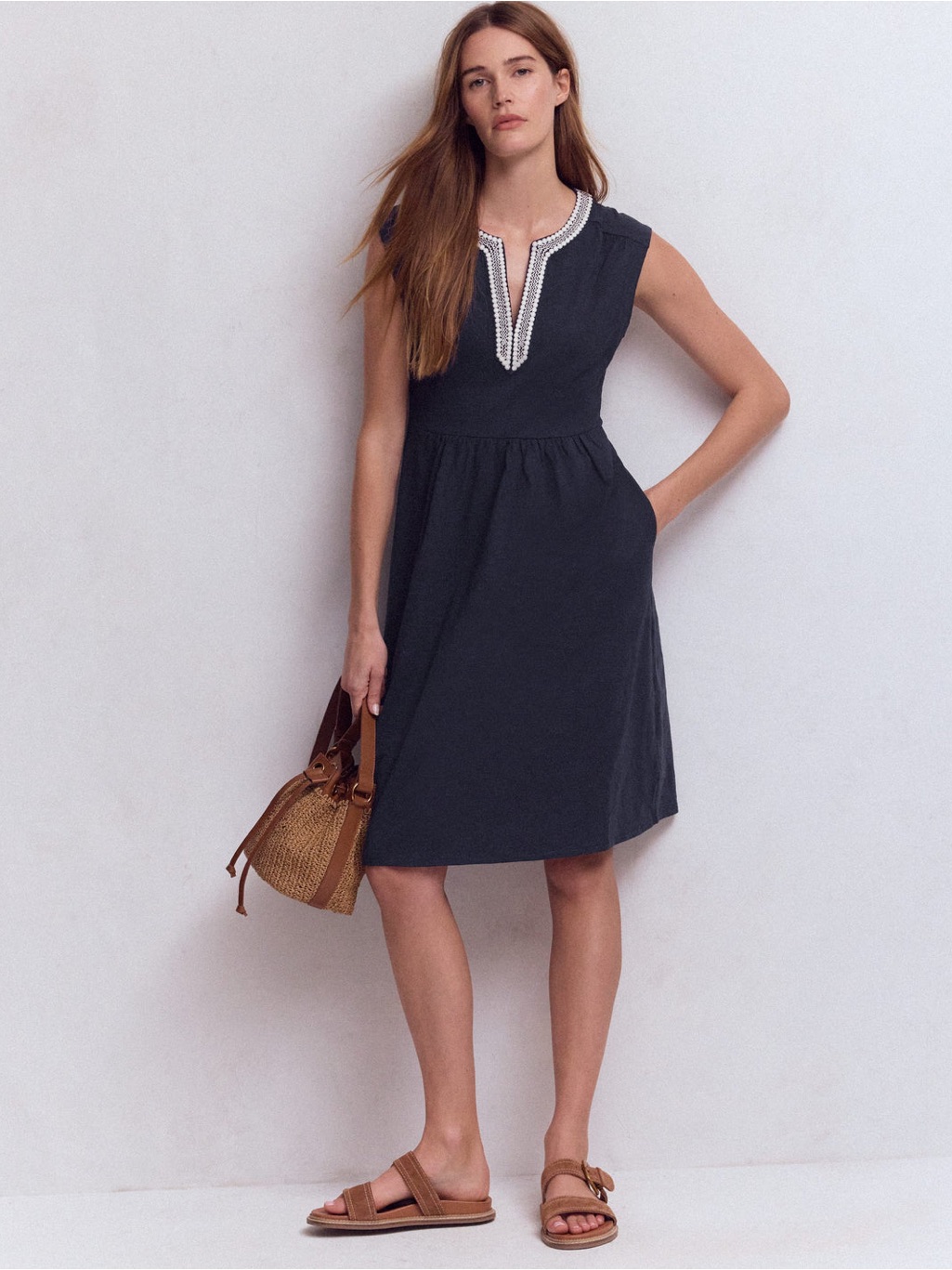 Boden “May” Navy Sleeveless V-Neck Dress With White Trim